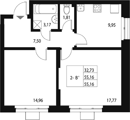 Планировка — Q на Кулагина, 2-комн., 55 м²