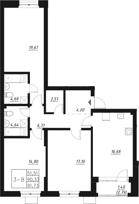 Планировка — Q на Кулагина, 4-комн., 92 м²