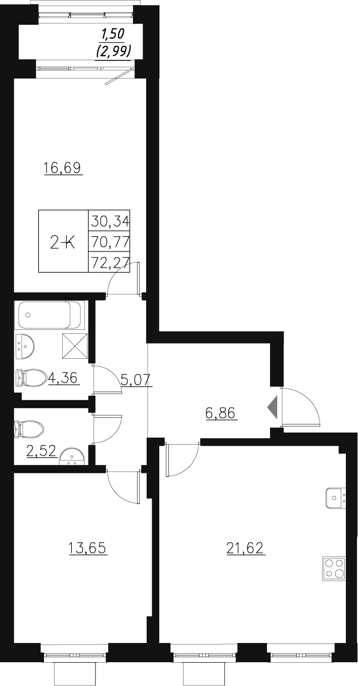 Планировка — Q на Кулагина, 3-комн., 71 м²