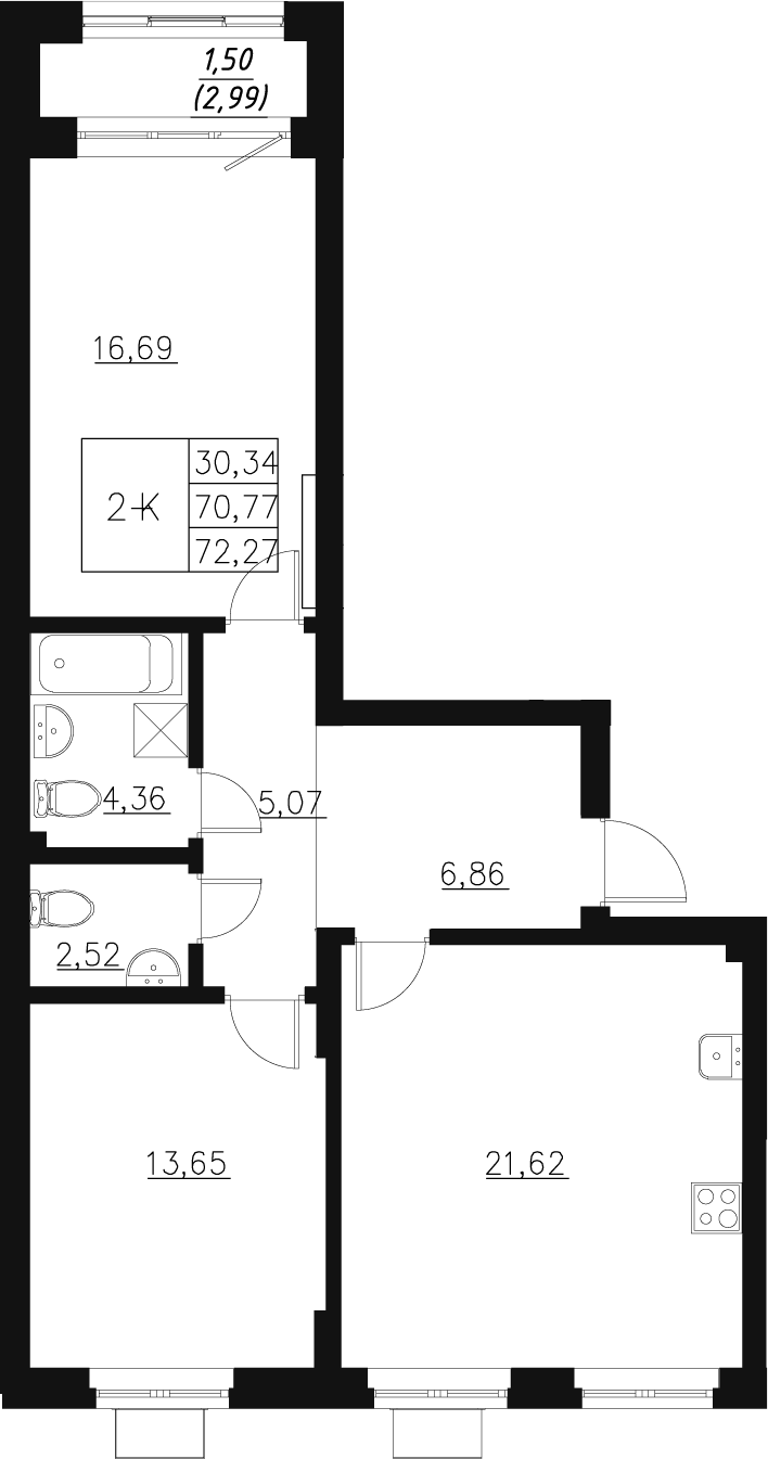 Планировка — Q на Кулагина, 3-комн., 71 м²