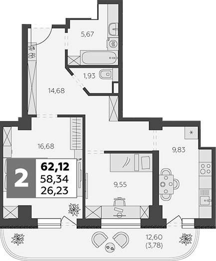 Планировка — В53, 2-комн., 58 м²