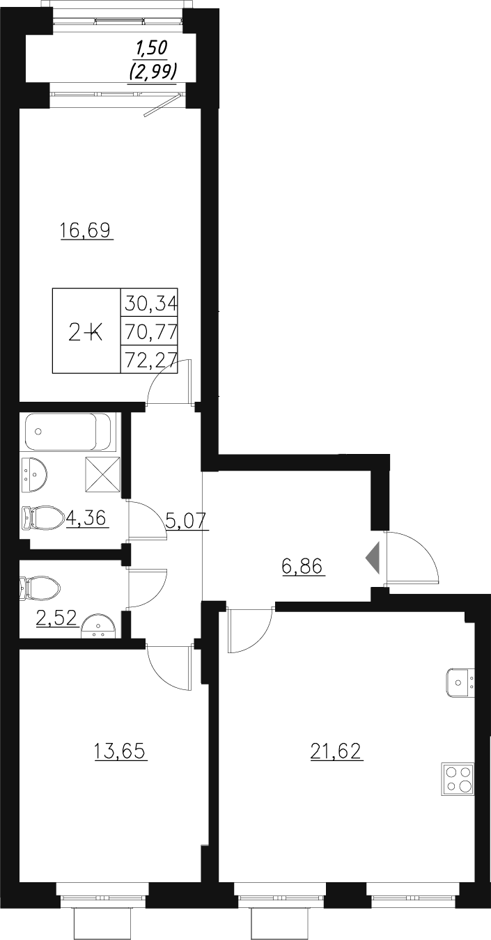 Планировка — Q на Кулагина, 3-комн., 71 м²