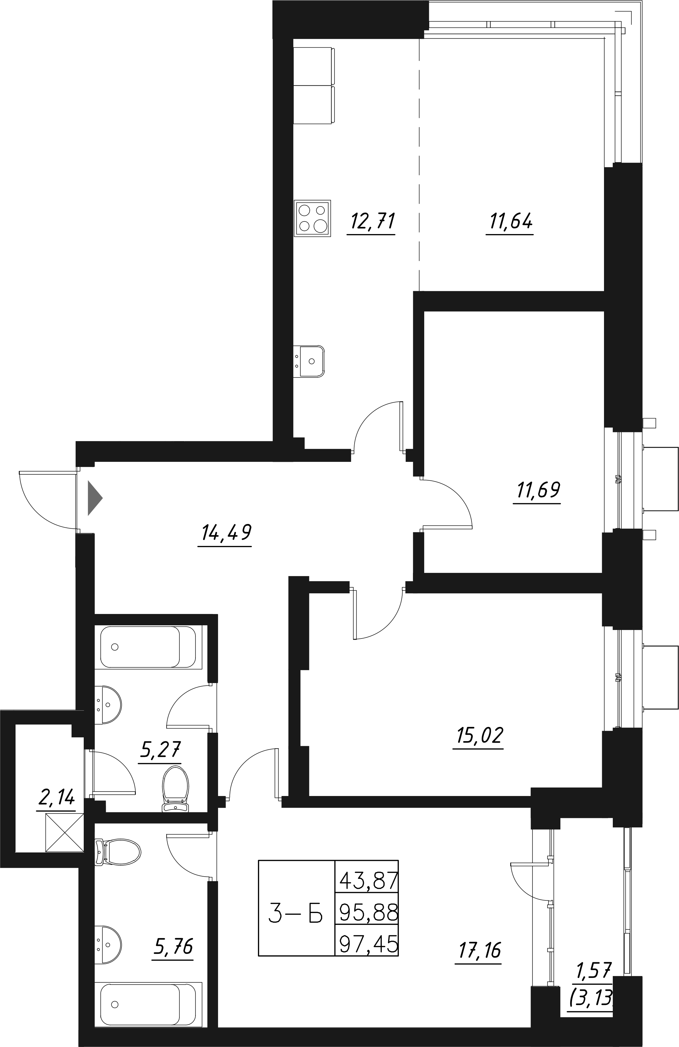 Планировка — Q на Кулагина, 4-комн., 98 м²