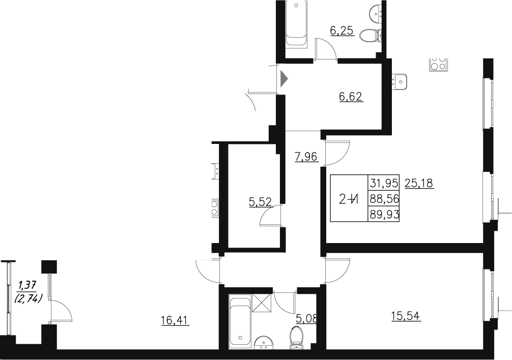 Планировка — Q на Кулагина, 3-комн., 90 м²