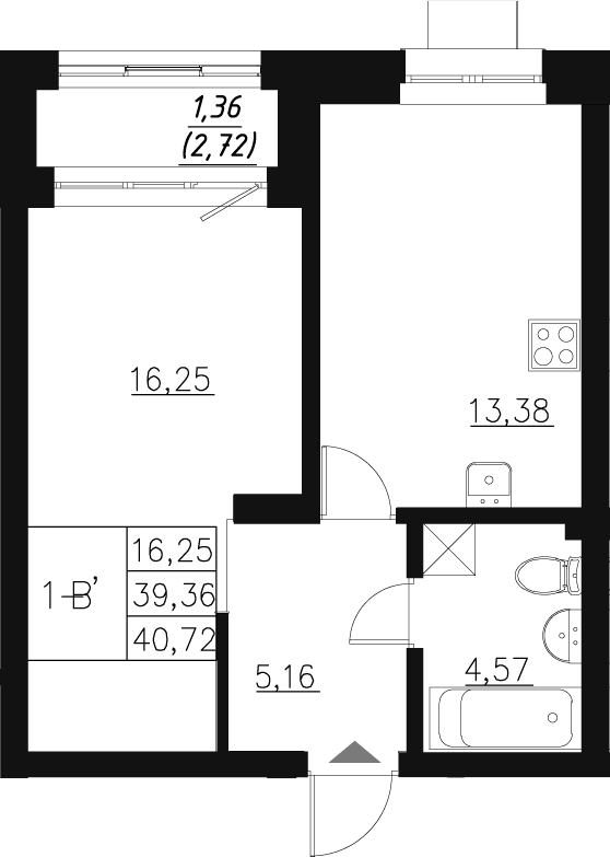 Планировка — Q на Кулагина, 1-комн., 39 м²
