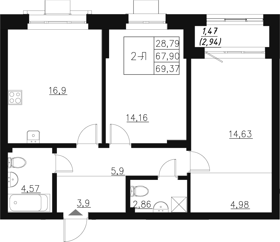 Планировка — Q на Кулагина, 3-комн., 68 м²
