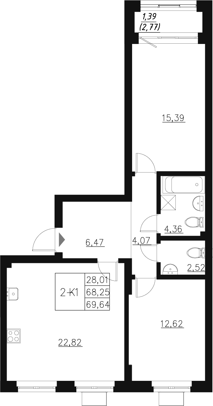 Планировка — Q на Кулагина, 3-комн., 68 м²