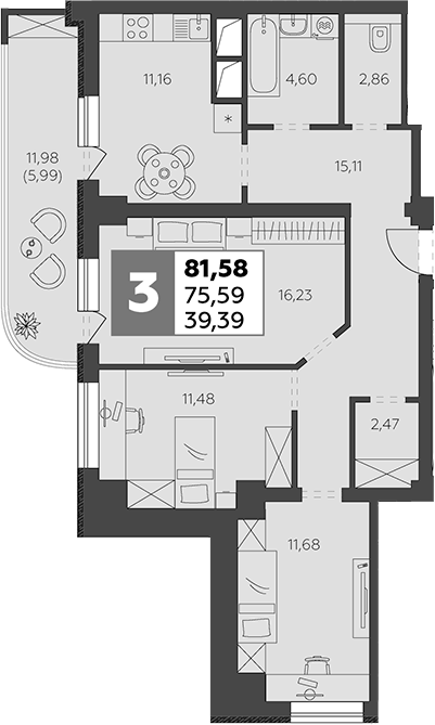 Планировка — В53, 3-комн., 76 м²