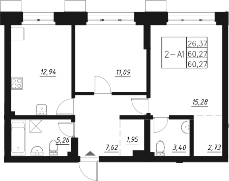 Планировка — Q на Кулагина, 2-комн., 60 м²