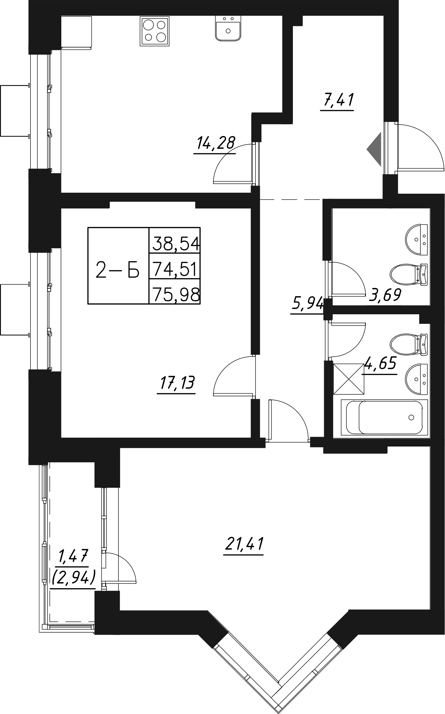 Планировка — Q на Кулагина, 2-комн., 76 м²