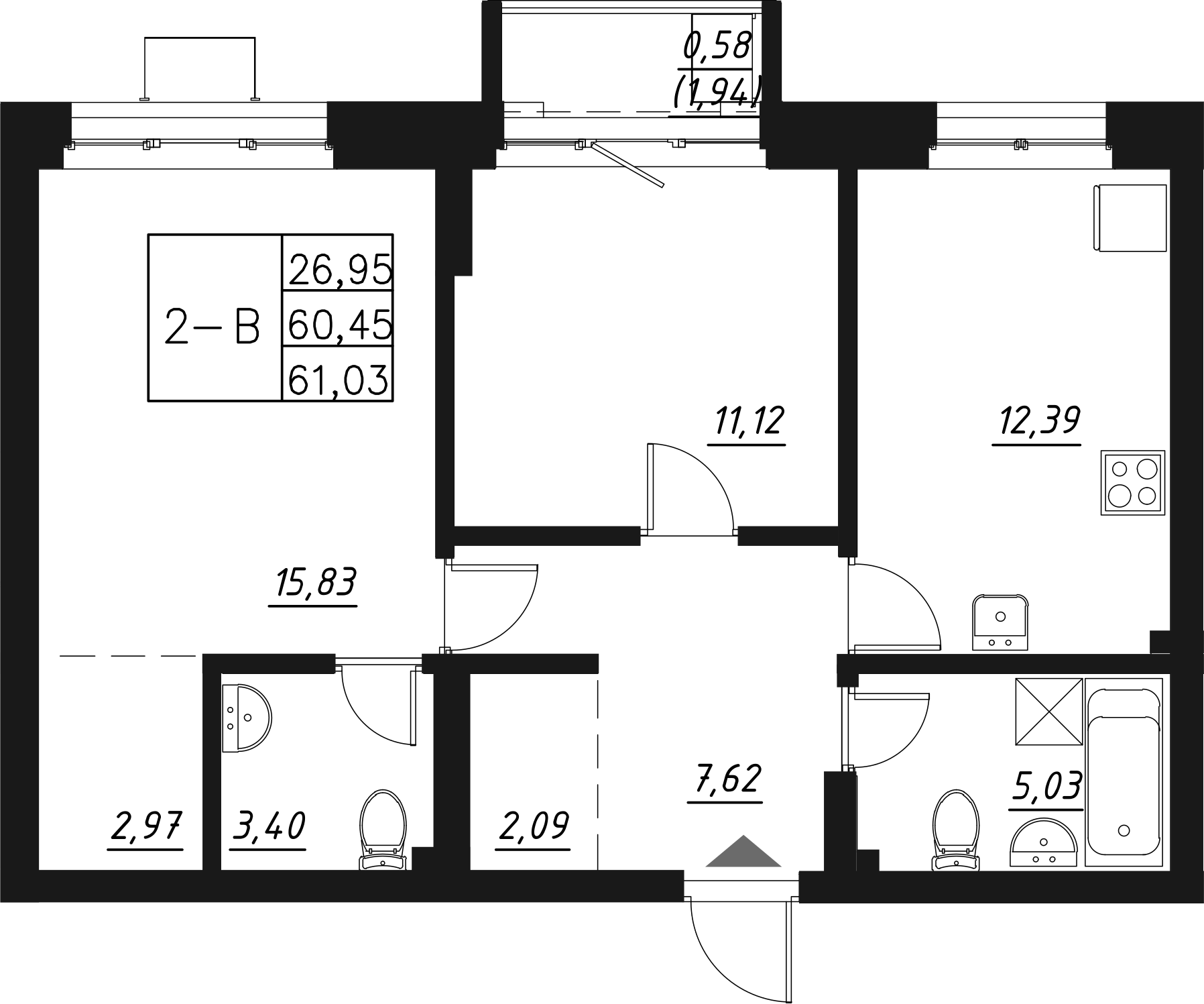 Планировка — Q на Кулагина, 2-комн., 60 м²