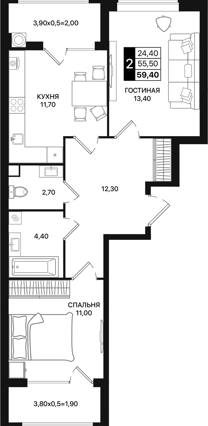 Планировка — Движение 61, 2-комн., 56 м²