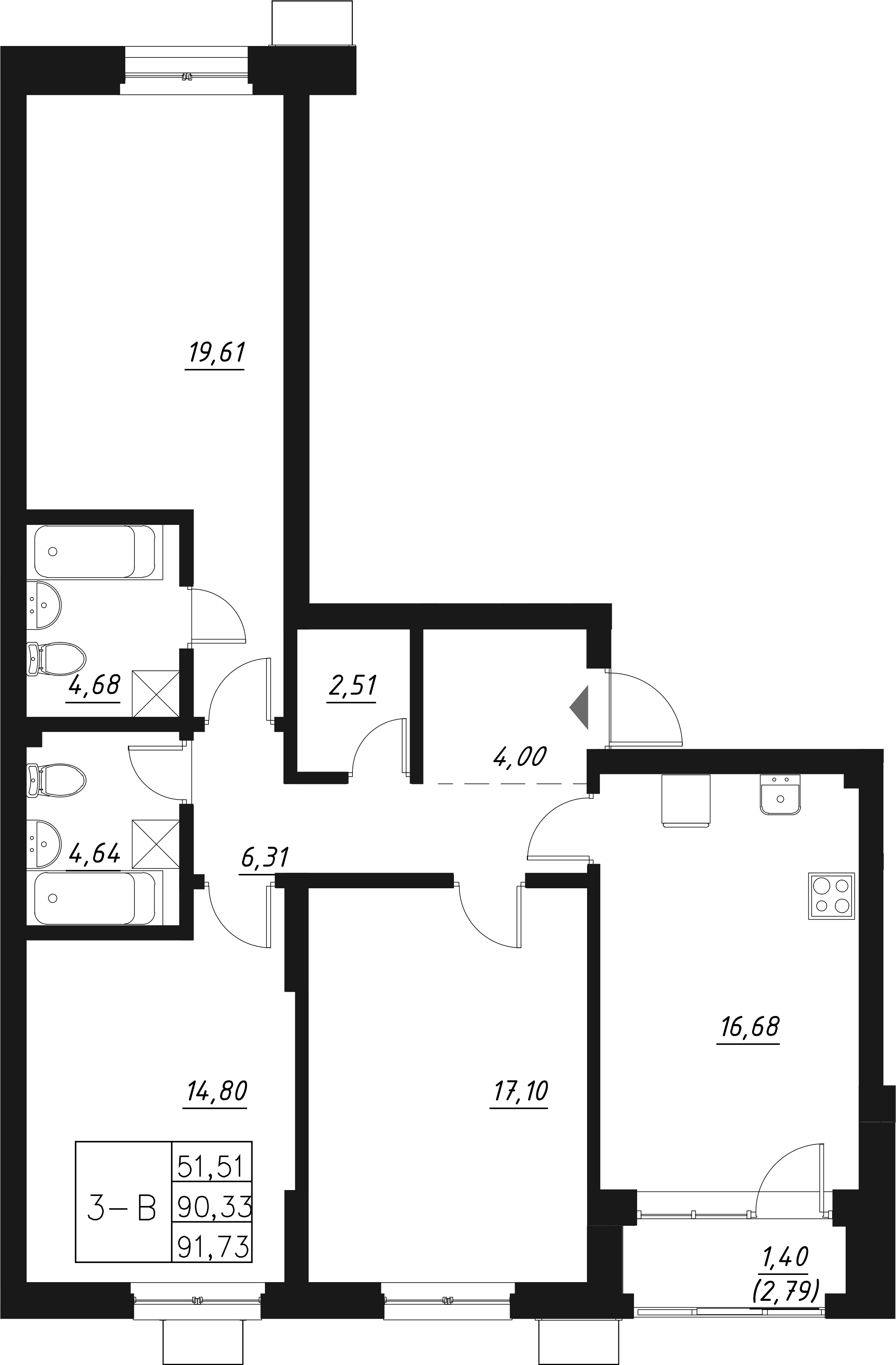 Планировка — Q на Кулагина, 4-комн., 92 м²
