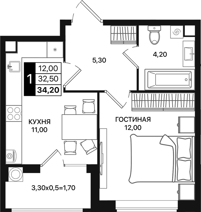 Планировка — Движение 61, 1-комн., 33 м²