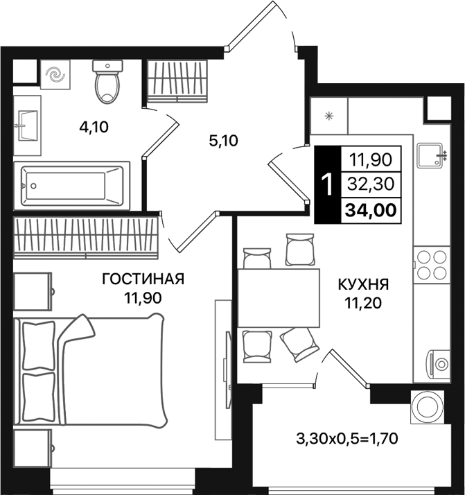 Планировка — Движение 61, 1-комн., 32 м²