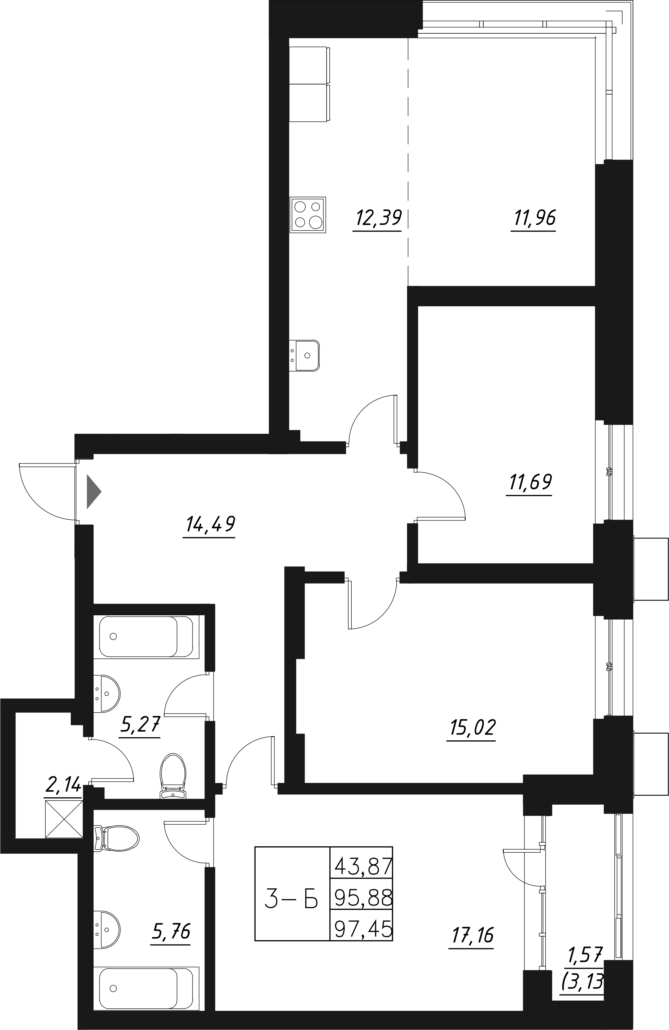 Планировка — Q на Кулагина, 4-комн., 98 м²