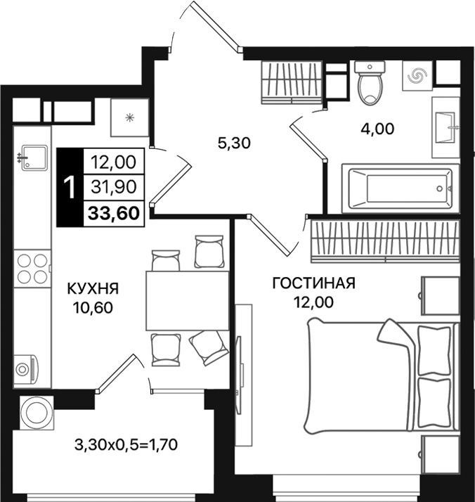 Планировка — Движение 61, 1-комн., 32 м²