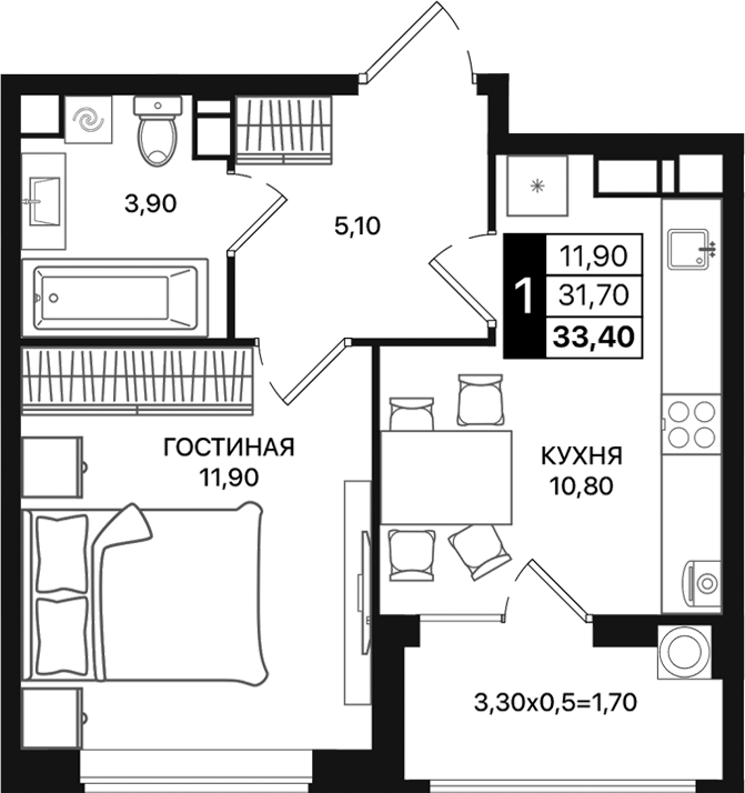 Планировка — Движение 61, 1-комн., 32 м²