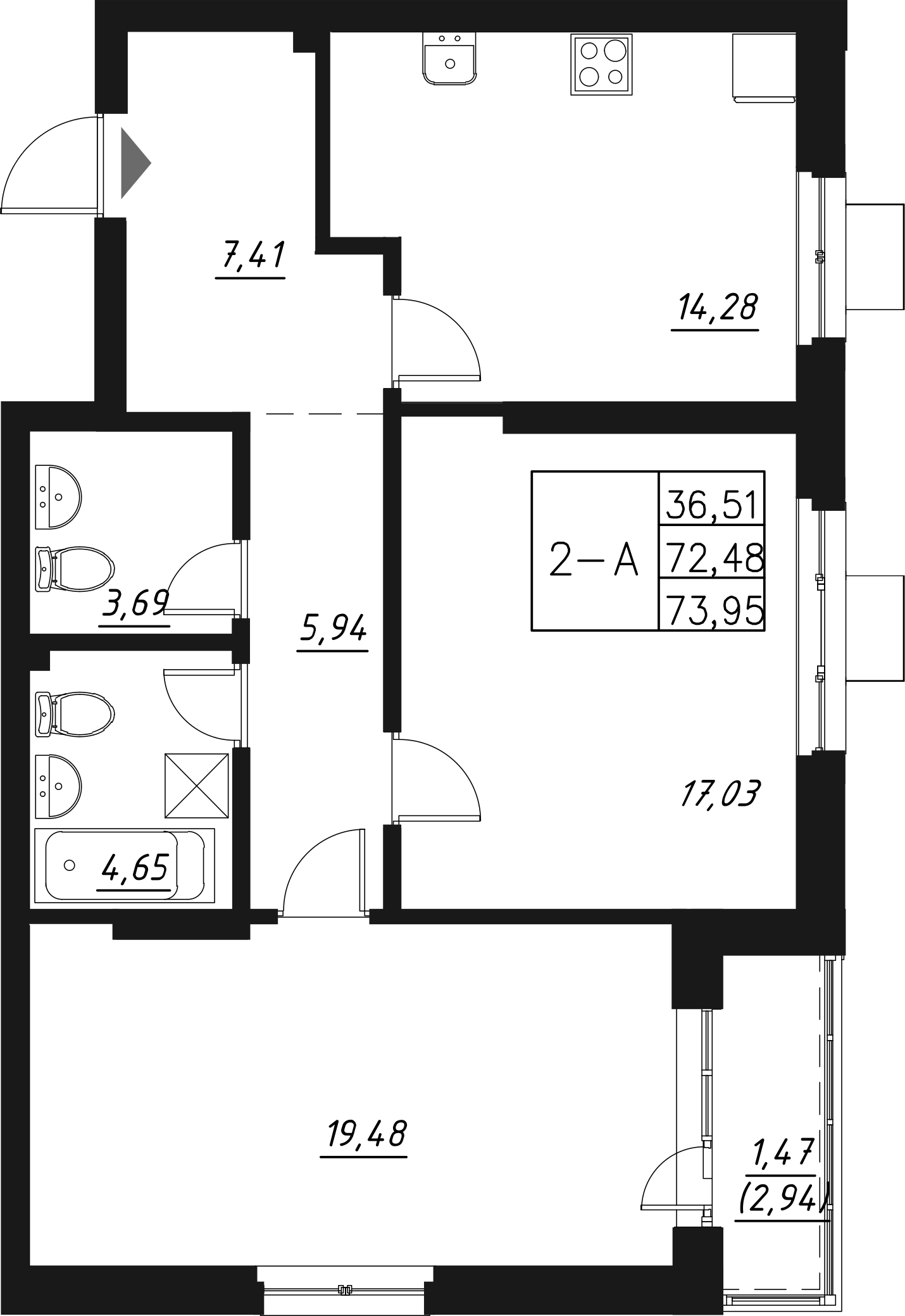 Планировка — Q на Кулагина, 2-комн., 74 м²