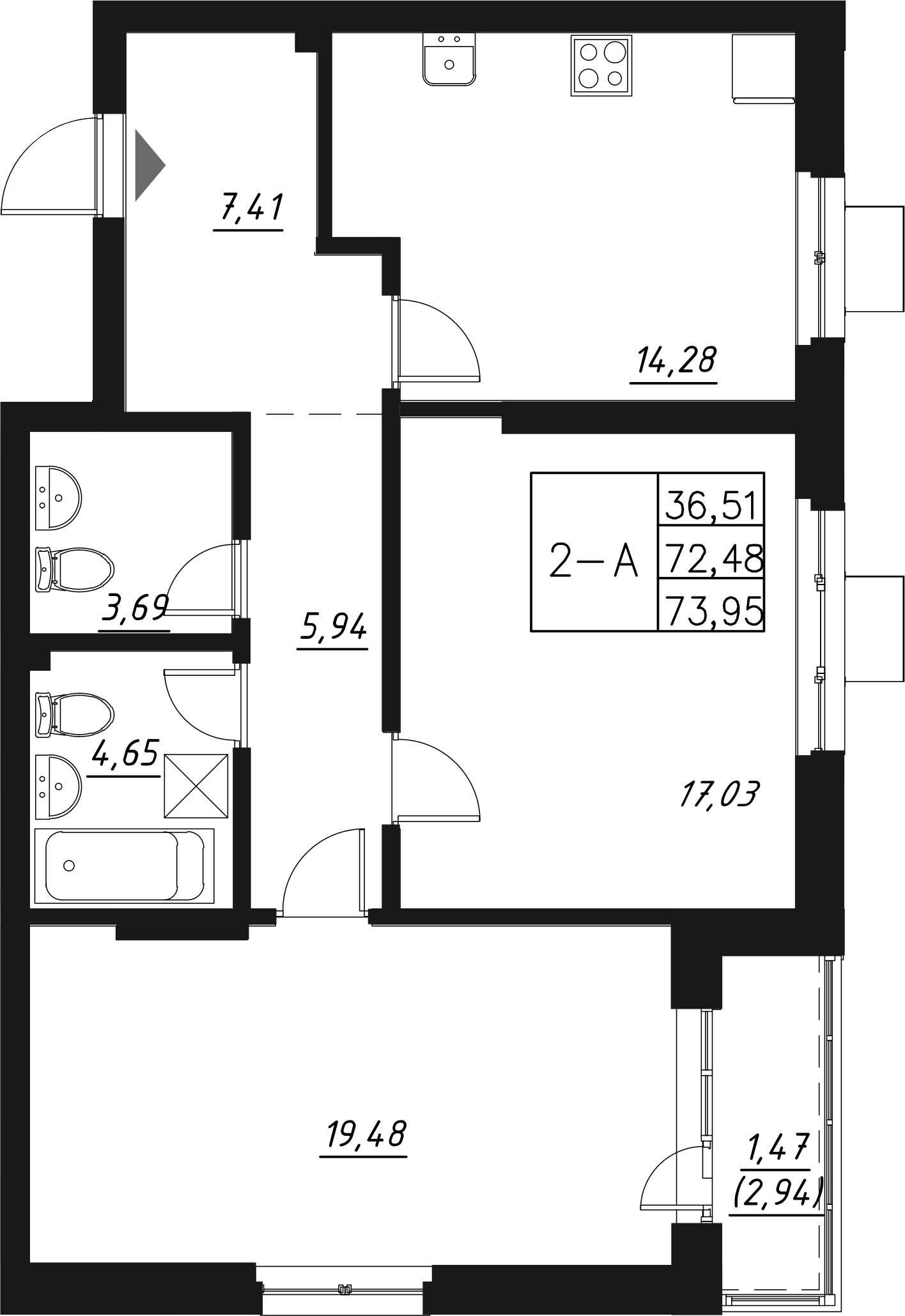 Планировка — Q на Кулагина, 2-комн., 74 м²