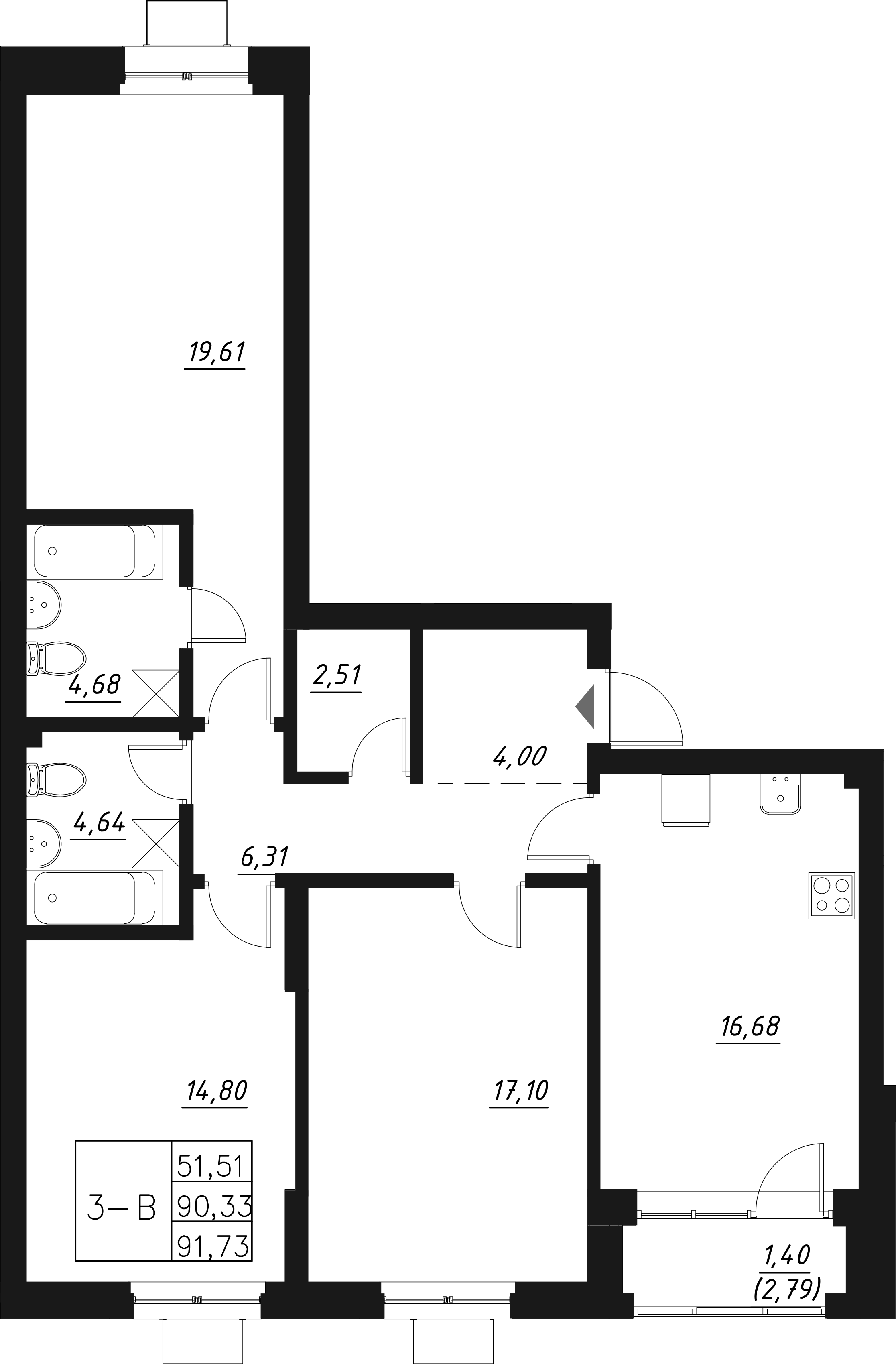 Планировка — Q на Кулагина, 4-комн., 92 м²