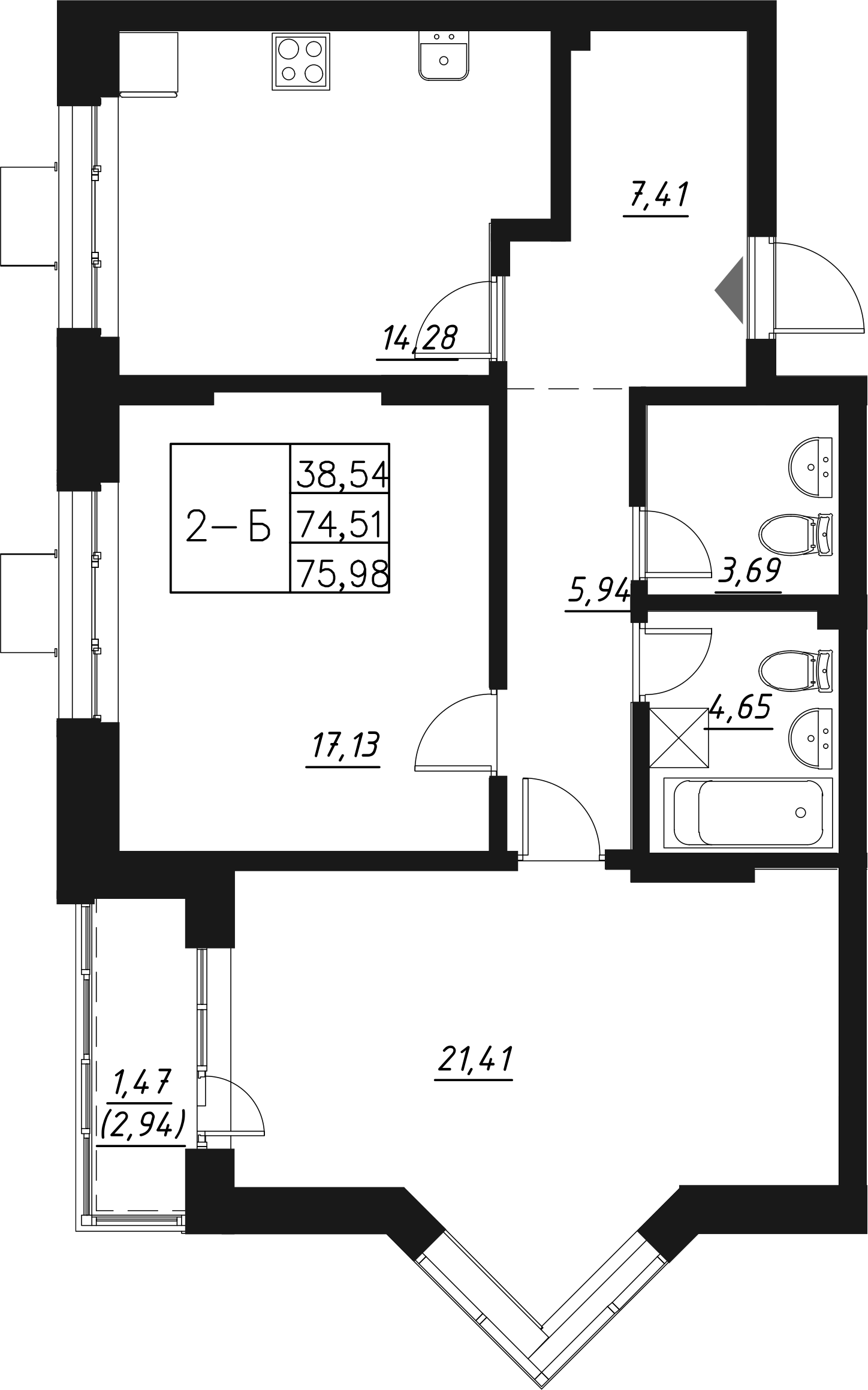 Планировка — Q на Кулагина, 2-комн., 76 м²
