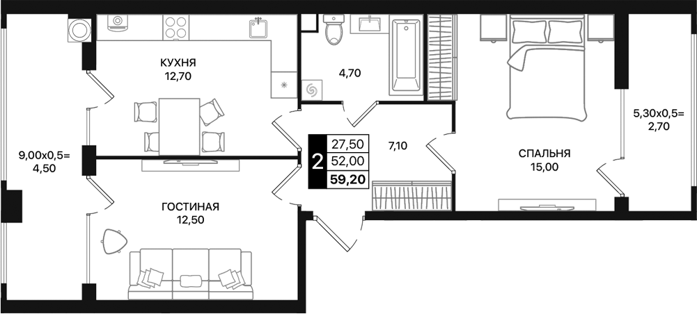 Планировка — Движение 61, 2-комн., 52 м²