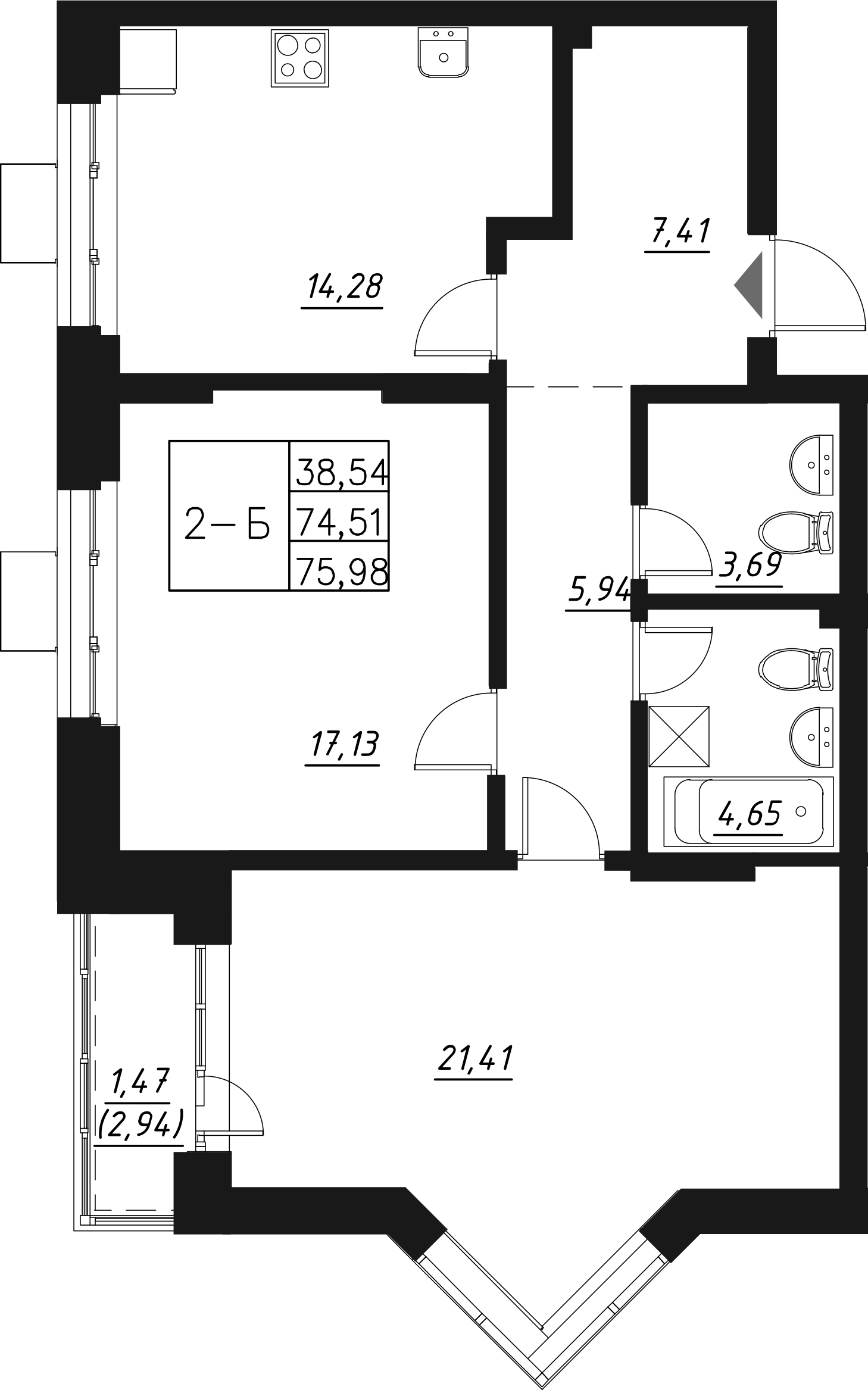 Планировка — Q на Кулагина, 2-комн., 76 м²