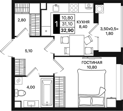 Планировка — Движение 61, 1-комн., 31 м²