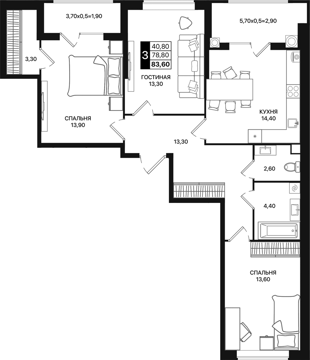 Планировка — Движение 61, 3-комн., 79 м²