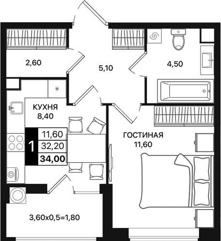 Планировка — Движение 61, 1-комн., 32 м²