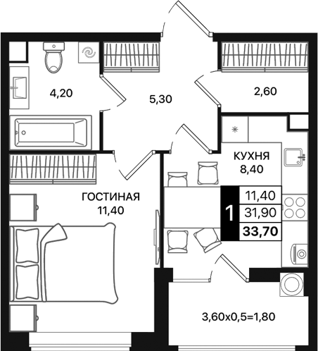 Планировка — Движение 61, 1-комн., 32 м²