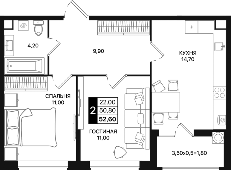 Планировка — Движение 61, 2-комн., 51 м²