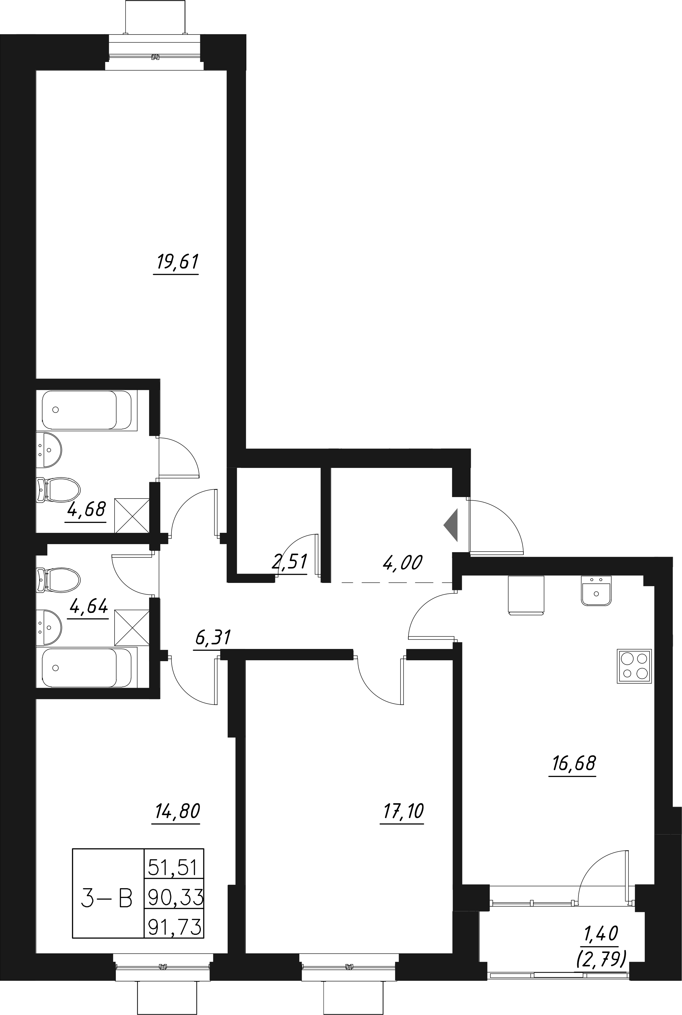 Планировка — Q на Кулагина, 4-комн., 92 м²
