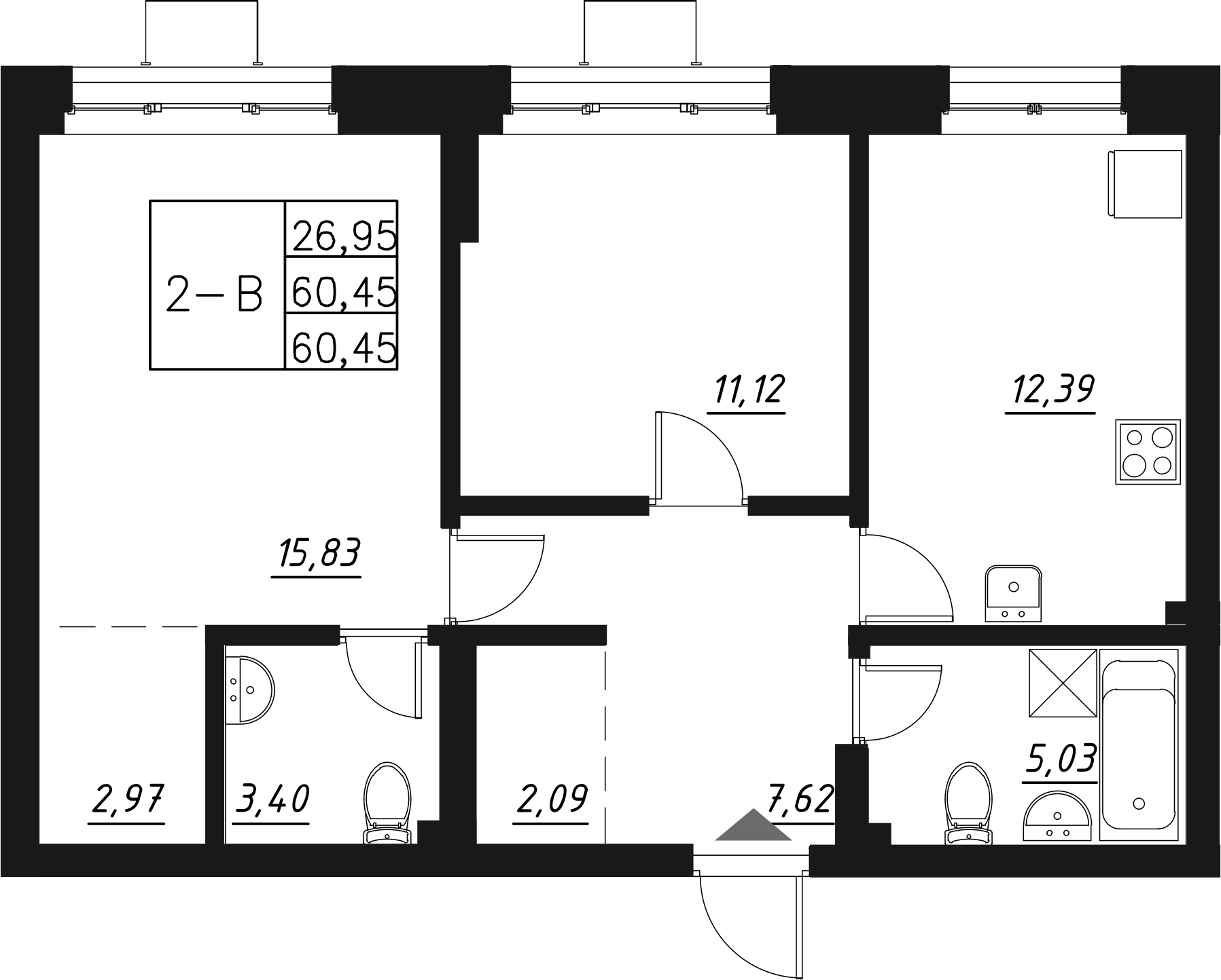 Планировка — Q на Кулагина, 2-комн., 60 м²