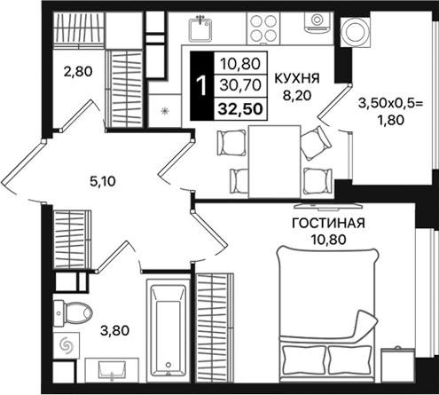 Планировка — Движение 61, 1-комн., 31 м²