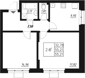 Планировка — Q на Кулагина, 2-комн., 55 м²