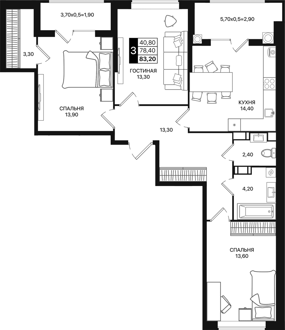 Планировка — Движение 61, 3-комн., 78 м²