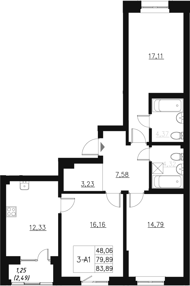 Планировка — Q на Кулагина, 3-комн., 81 м²