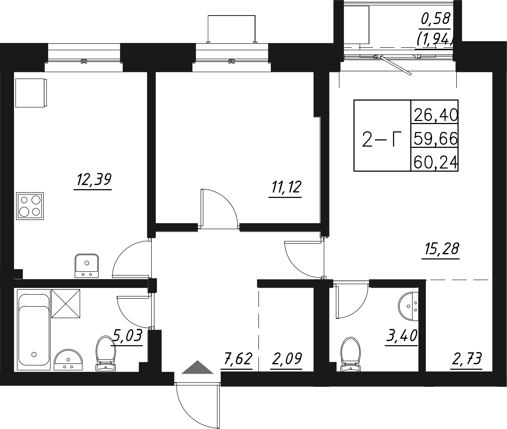 Планировка — Q на Кулагина, 2-комн., 60 м²