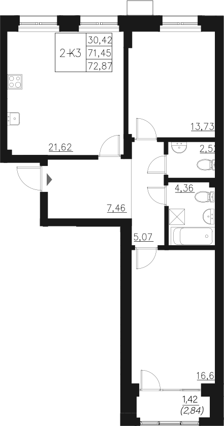 Планировка — Q на Кулагина, 3-комн., 71 м²