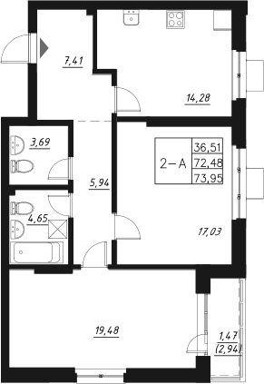 Планировка — Q на Кулагина, 2-комн., 74 м²
