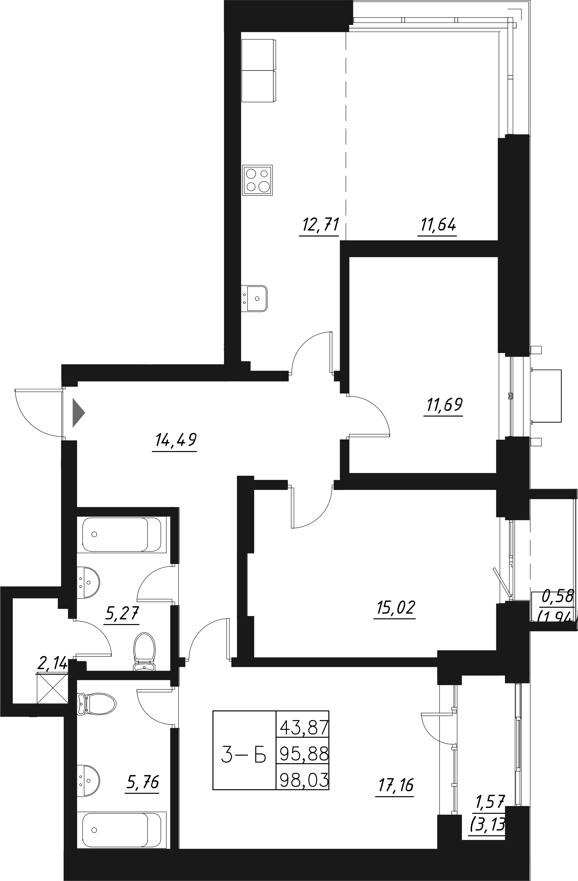 Планировка — Q на Кулагина, 4-комн., 98 м²