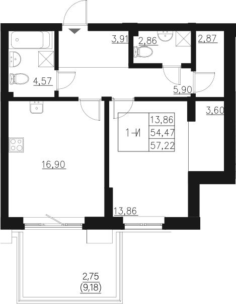 Планировка — Q на Кулагина, 2-комн., 54 м²