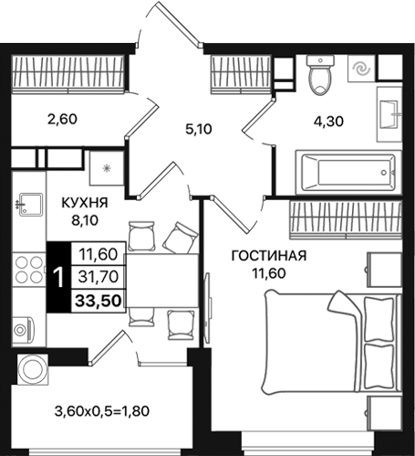 Планировка — Движение 61, 1-комн., 32 м²
