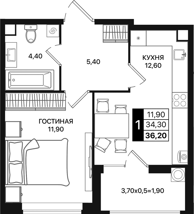 Планировка — Движение 61, 1-комн., 34 м²