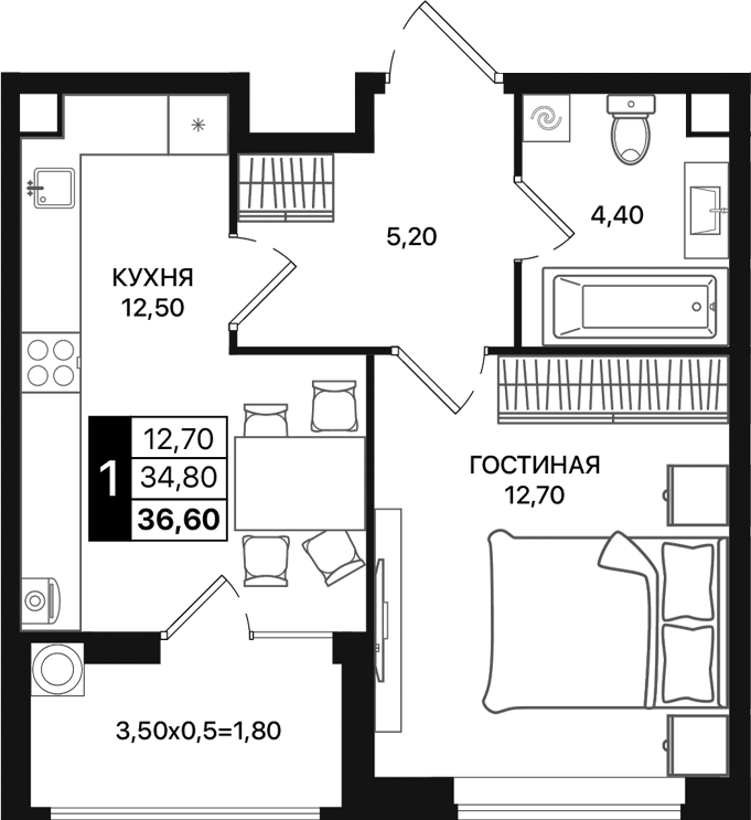 Планировка — Движение 61, 1-комн., 35 м²