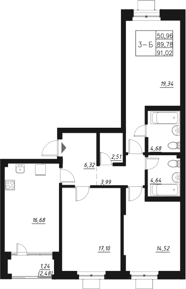 Планировка — Q на Кулагина, 4-комн., 92 м²