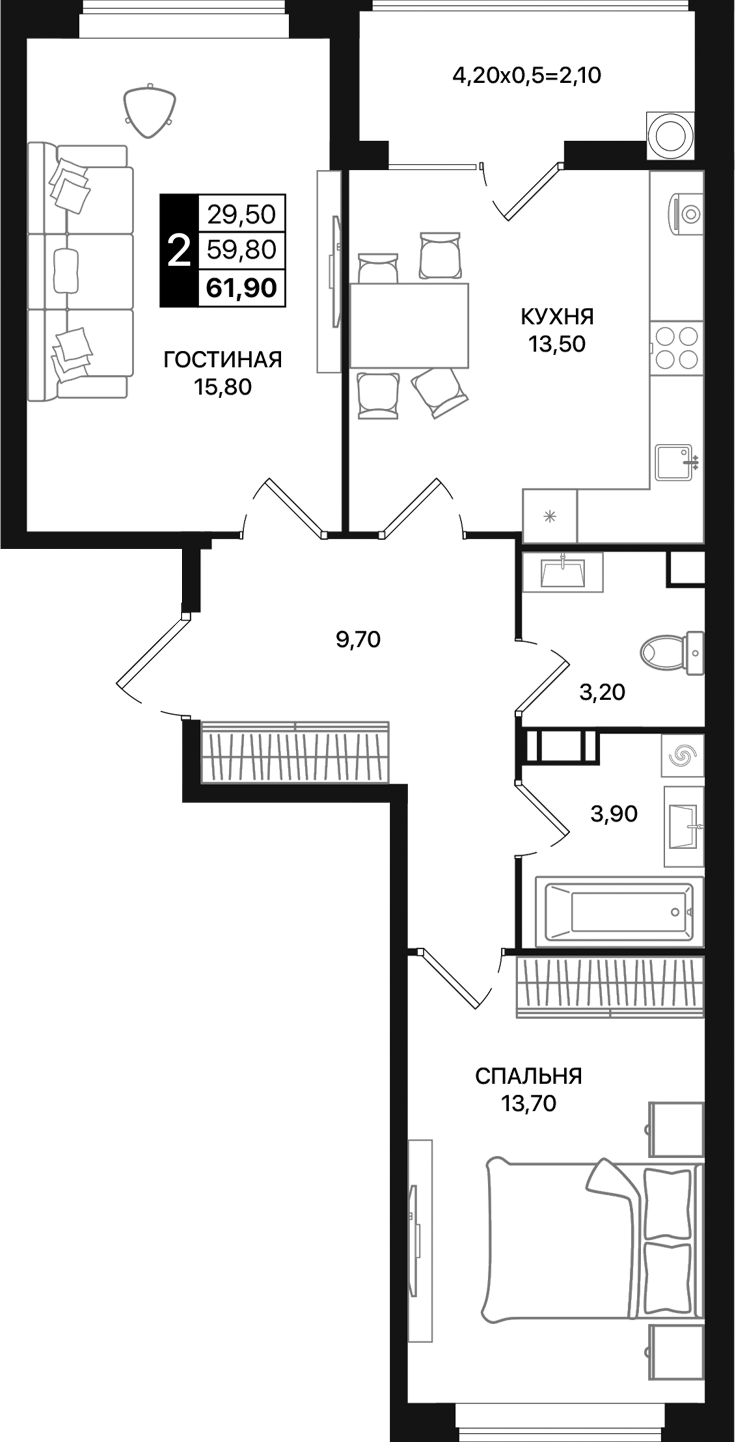 Планировка — Движение 61, 2-комн., 60 м²