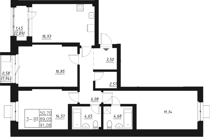 Планировка — Q на Кулагина, 4-комн., 91 м²